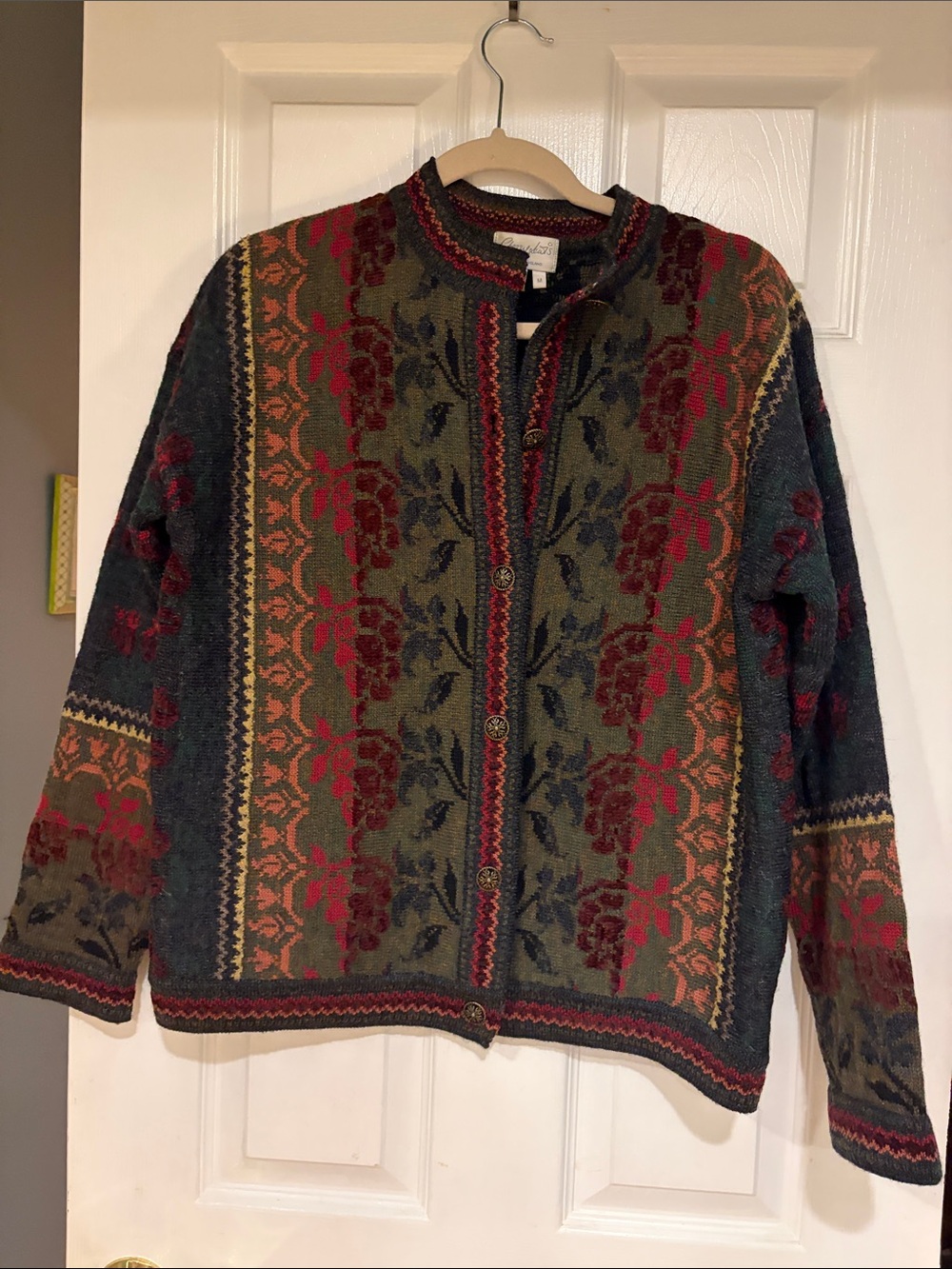 Classic Floral Knit wool Cardigan Jacket - Olive & Red made in England